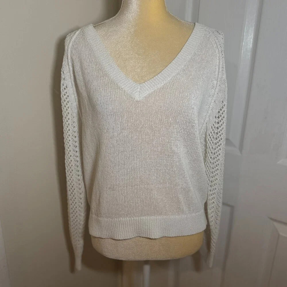 Brochu Walker White Open Stitch Back & Sleeve V-Neck Sweater